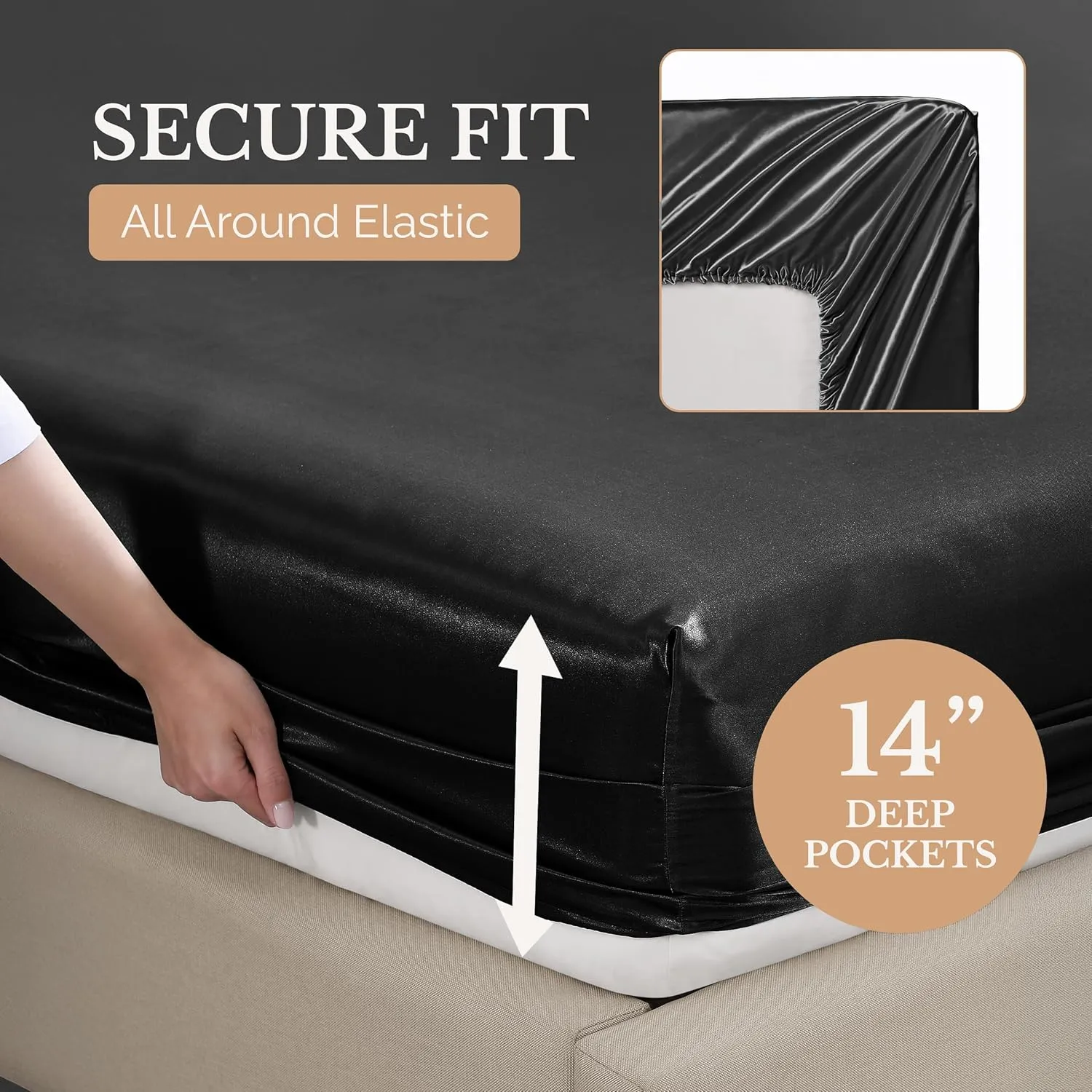 Casa Platino Twin Satin Sheets Set - 3 Pieces - Super Soft Like Silk - 1 Deep Pocket Fitted Sheet, 1 Flat Sheet & 1 Standard Pillowcase - All Season Excellent Thermo Regulation - Black Bed Sheets Set