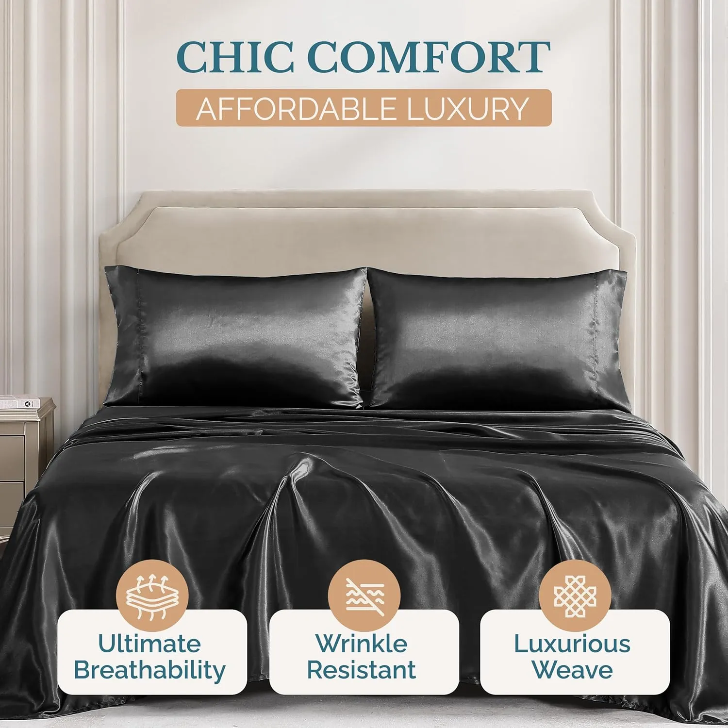 Casa Platino Twin Satin Sheets Set - 3 Pieces - Super Soft Like Silk - 1 Deep Pocket Fitted Sheet, 1 Flat Sheet & 1 Standard Pillowcase - All Season Excellent Thermo Regulation - Black Bed Sheets Set