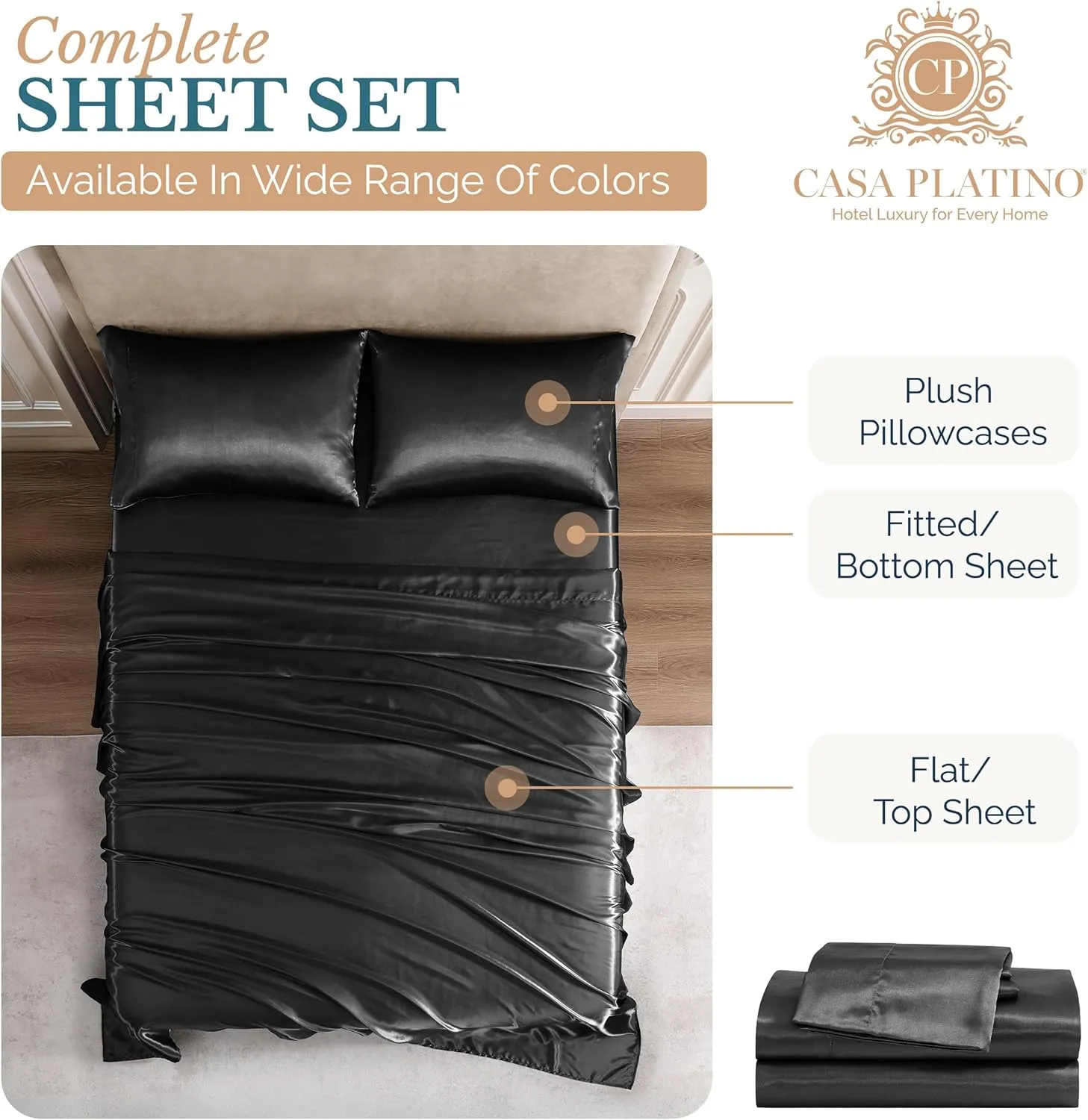 Casa Platino Twin Satin Sheets Set - 3 Pieces - Super Soft Like Silk - 1 Deep Pocket Fitted Sheet, 1 Flat Sheet & 1 Standard Pillowcase - All Season Excellent Thermo Regulation - Black Bed Sheets Set