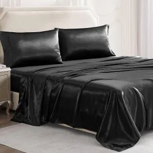 Casa Platino Twin Satin Sheets Set - 3 Pieces - Super Soft Like Silk - 1 Deep Pocket Fitted Sheet, 1 Flat Sheet & 1 Standard Pillowcase - All Season Excellent Thermo Regulation - Black Bed Sheets Set