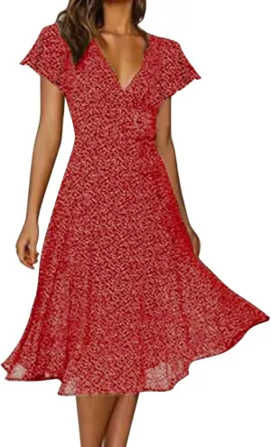 Casual Summer Dresses for Women Polka Dot Print V Neck Short Sleeve Ruffle Flowy Boho Floral Dress Midi Length