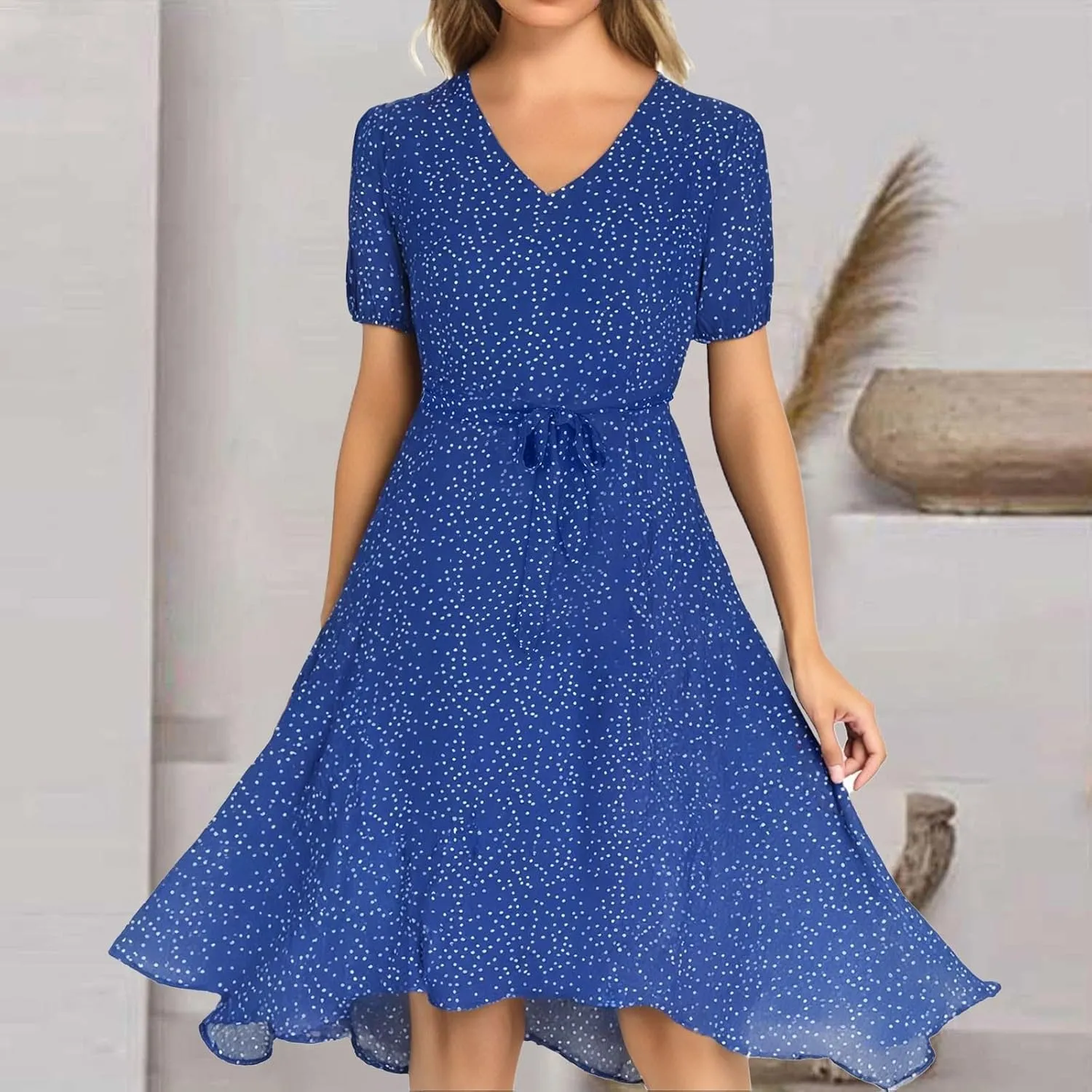 Casual Summer Dresses for Women Polka Dot Print V Neck Short Sleeve Ruffle Flowy Boho Floral Dress Midi Length