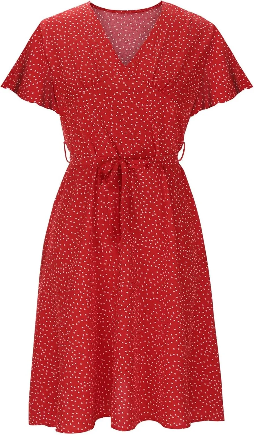Casual Summer Dresses for Women Polka Dot Print V Neck Short Sleeve Ruffle Flowy Boho Floral Dress Midi Length