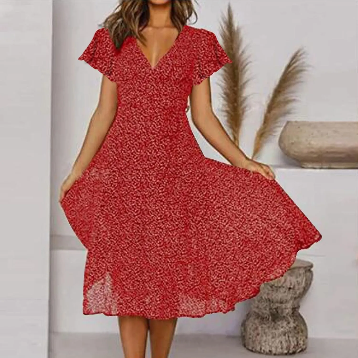 Casual Summer Dresses for Women Polka Dot Print V Neck Short Sleeve Ruffle Flowy Boho Floral Dress Midi Length
