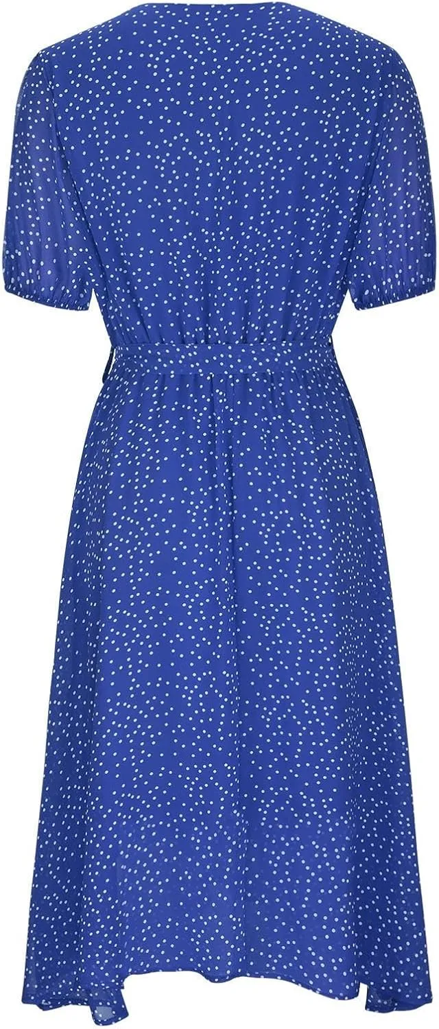 Casual Summer Dresses for Women Polka Dot Print V Neck Short Sleeve Ruffle Flowy Boho Floral Dress Midi Length