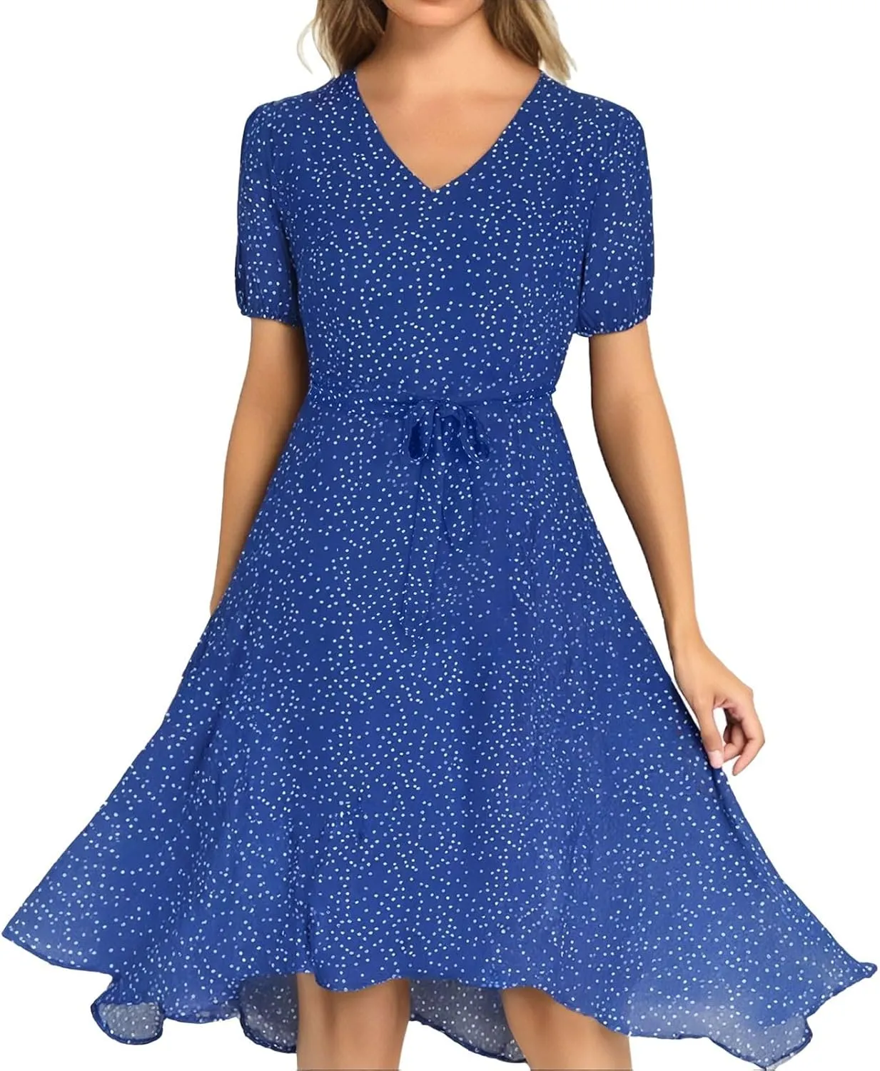 Casual Summer Dresses for Women Polka Dot Print V Neck Short Sleeve Ruffle Flowy Boho Floral Dress Midi Length