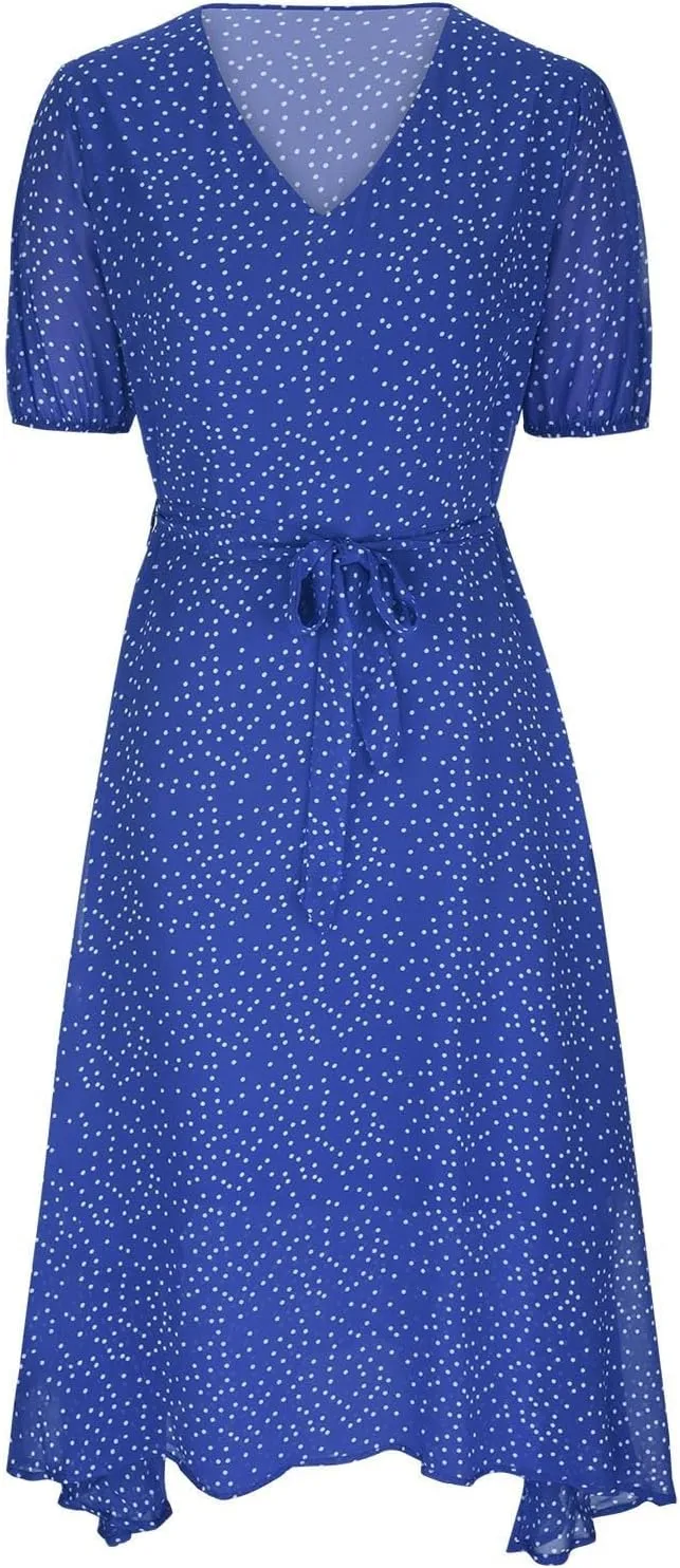 Casual Summer Dresses for Women Polka Dot Print V Neck Short Sleeve Ruffle Flowy Boho Floral Dress Midi Length