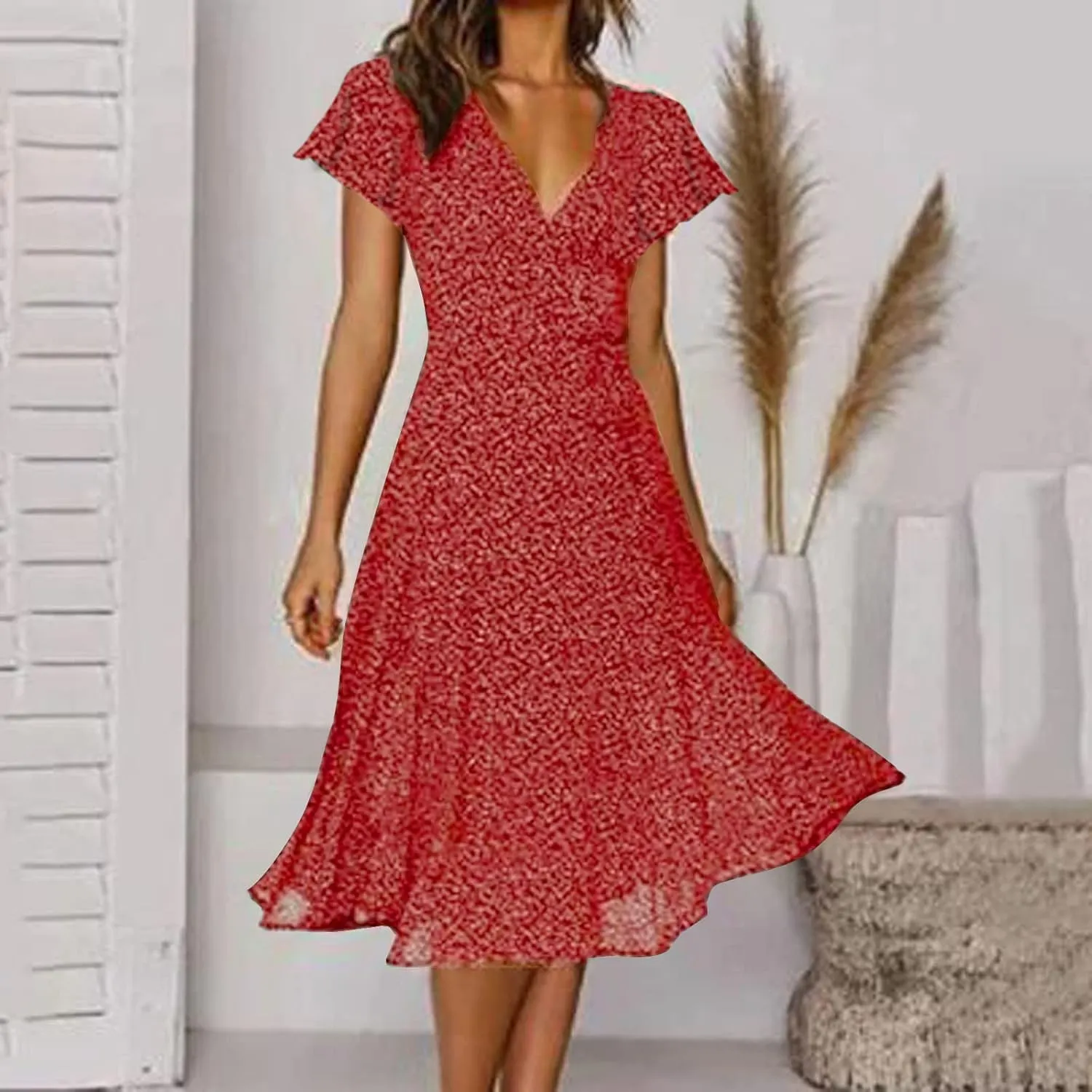 Casual Summer Dresses for Women Polka Dot Print V Neck Short Sleeve Ruffle Flowy Boho Floral Dress Midi Length