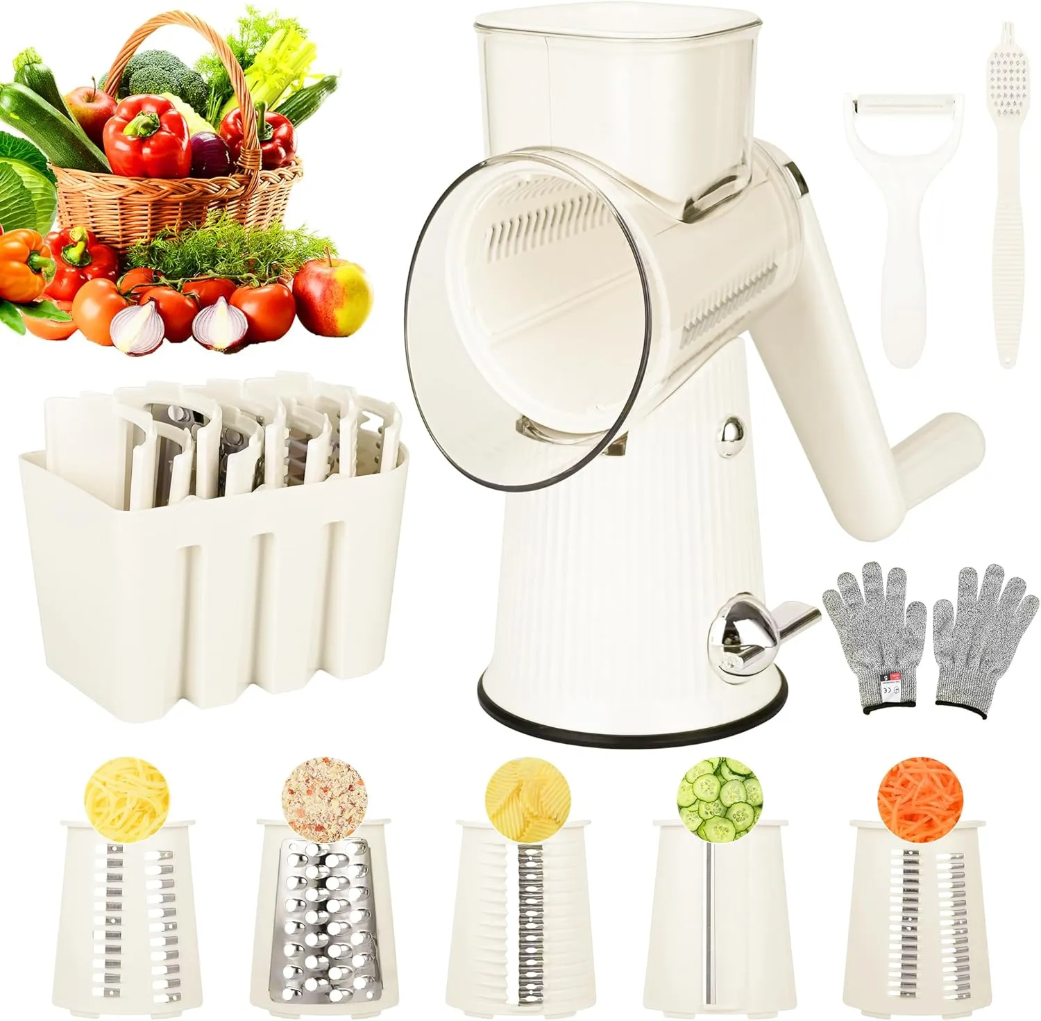 Cheese Grater With Hand Crank Countertop For Kitchen,Grater Shredder With Handle For Kitchen Rotating,Vegetable Slicer,Nuts Grinder Cheese Shredder with Clean Brush(5 Blades White Color)