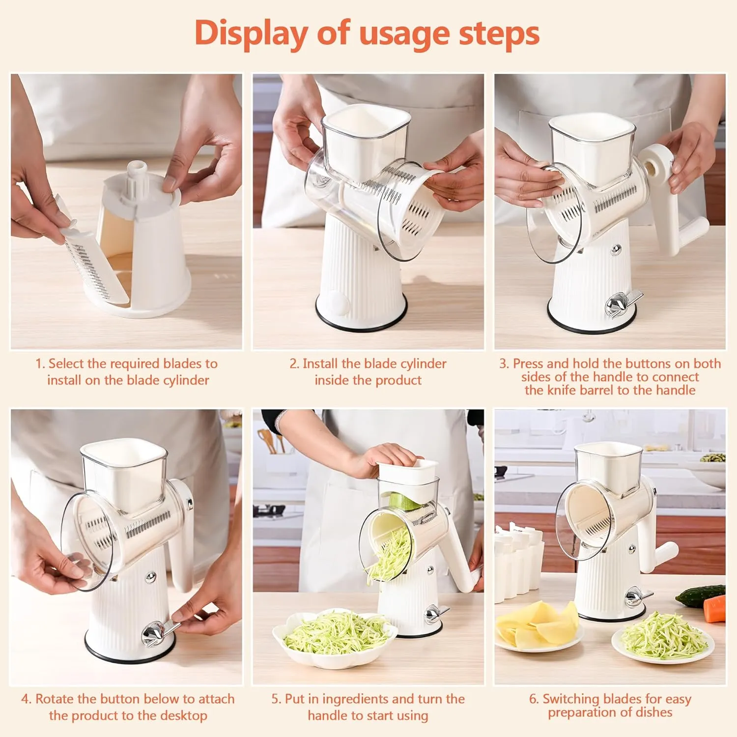Cheese Grater With Hand Crank Countertop For Kitchen,Grater Shredder With Handle For Kitchen Rotating,Vegetable Slicer,Nuts Grinder Cheese Shredder with Clean Brush(5 Blades White Color)