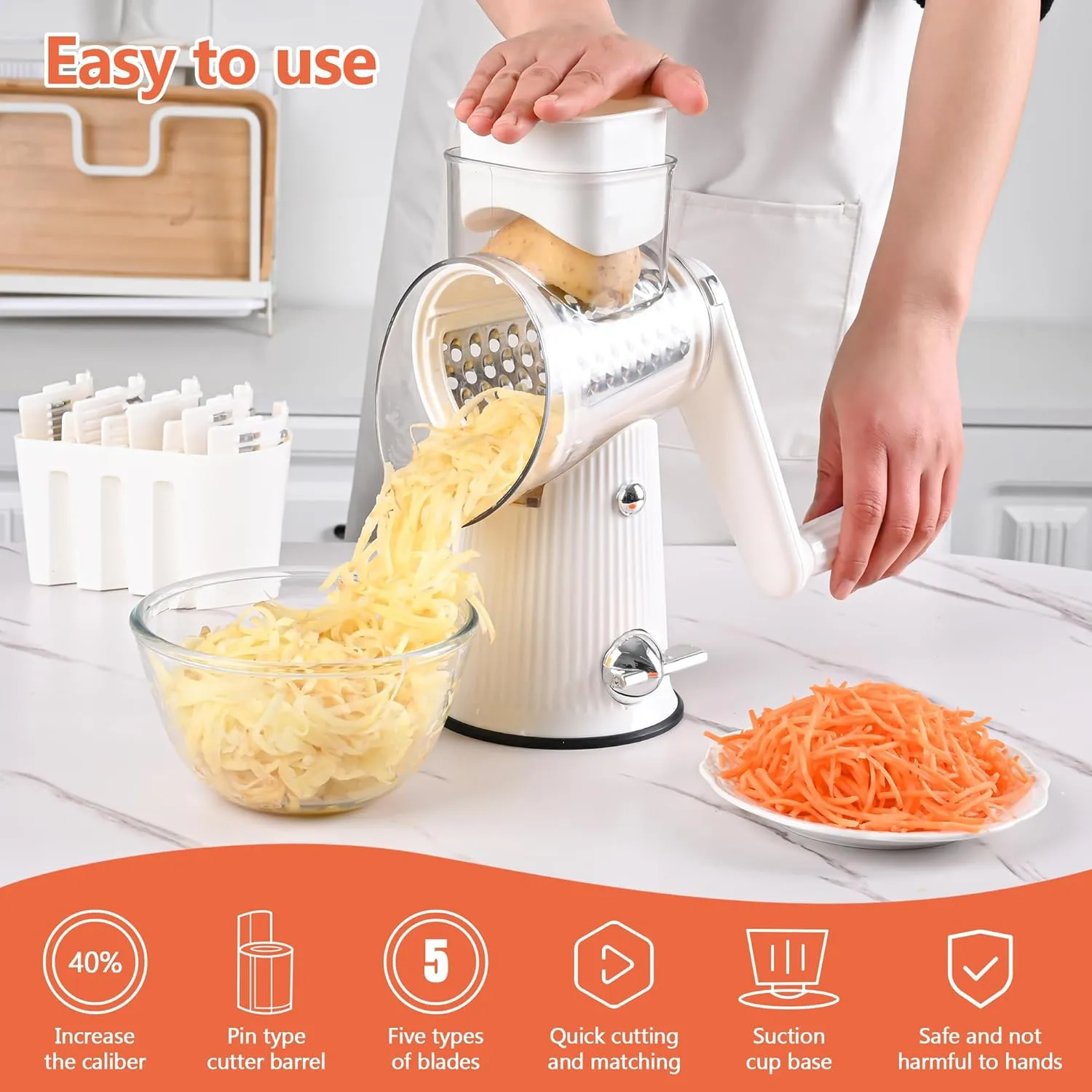 Cheese Grater With Hand Crank Countertop For Kitchen,Grater Shredder With Handle For Kitchen Rotating,Vegetable Slicer,Nuts Grinder Cheese Shredder with Clean Brush(5 Blades White Color)