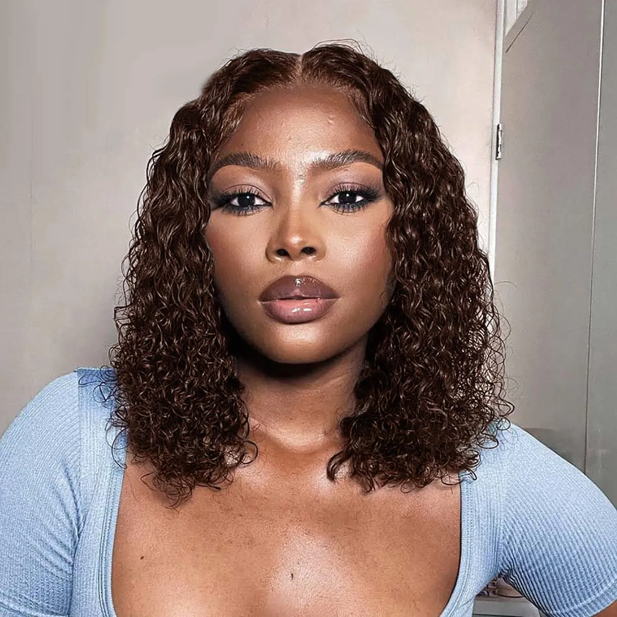 Chocolate Brown Bob Wig Human Hair Glueless Wigs Human Hair Pre Plucked 4# Curly Wig Human Hair Bob Wigs For Black Women Wear And Go Glueless Wig Bob Deep Wave 14Inch Closure Bob Wigs