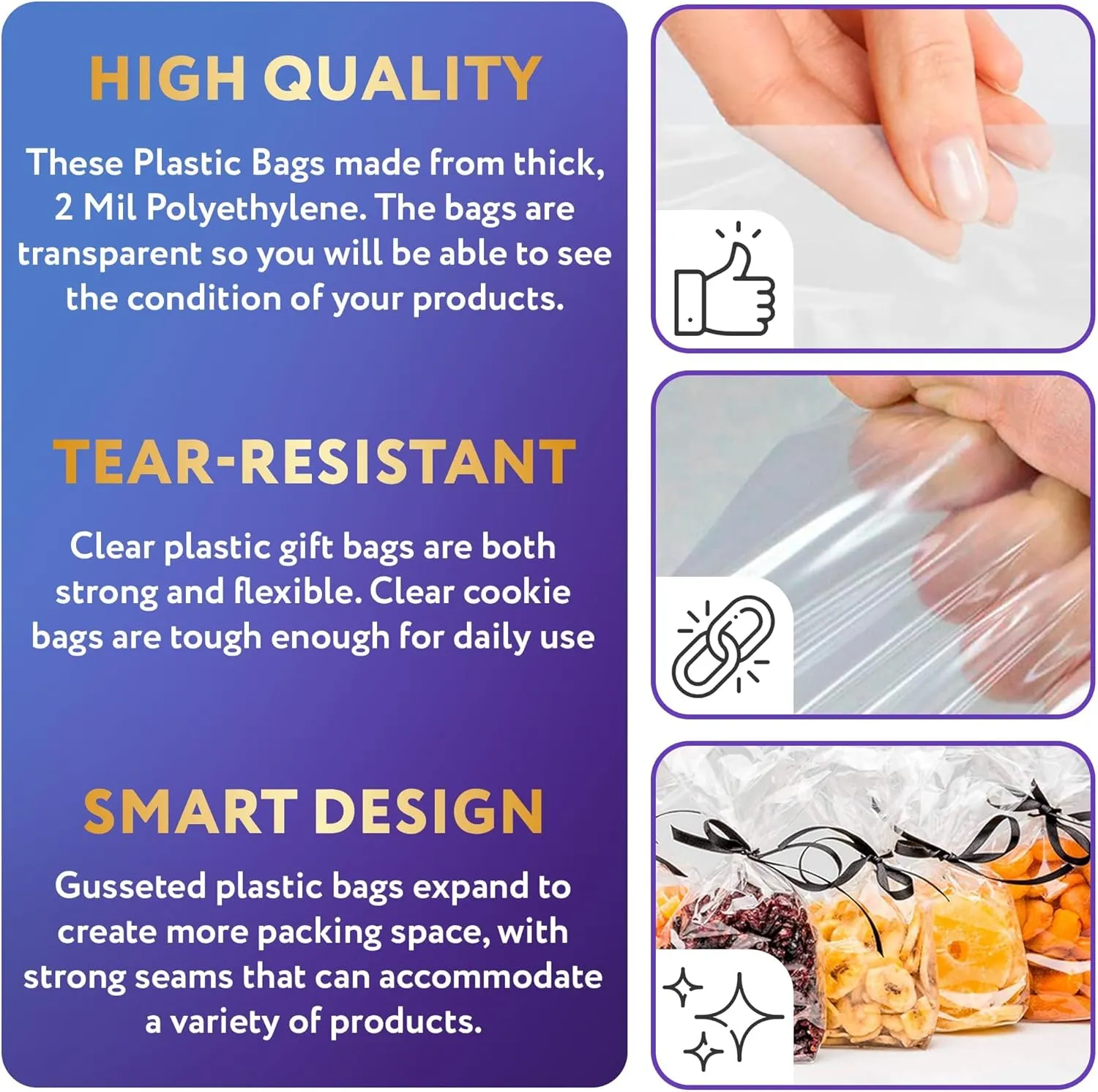 Clear Gusseted Poly Bags, 10 x 8 x 20 Inches. Pack of 100 Side Gusseted Plastic Bags with Open Top. Crystal Clear Baggies for Treats. Tear-Resistant 2 Mil Polyethylene Flat Bottom Bag