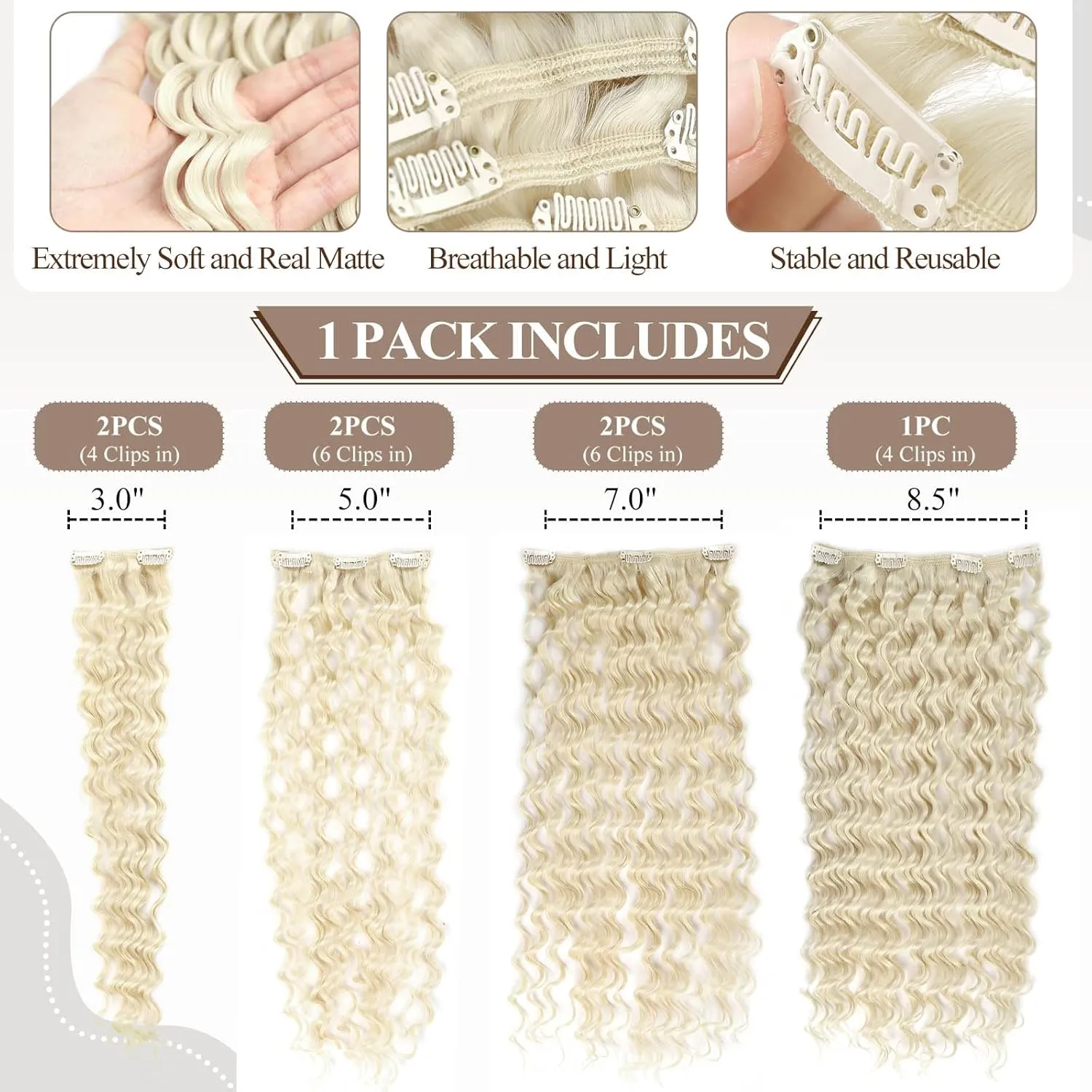 Clip in Hair Extensions Synthetic hair Clip in 140G 7Pcs/Lot Japanese Heat Resistant Fiber Hairpieces Deep Wave/Body Wave/Straight hair (Deep Wave, Bleach Blonde 613#)