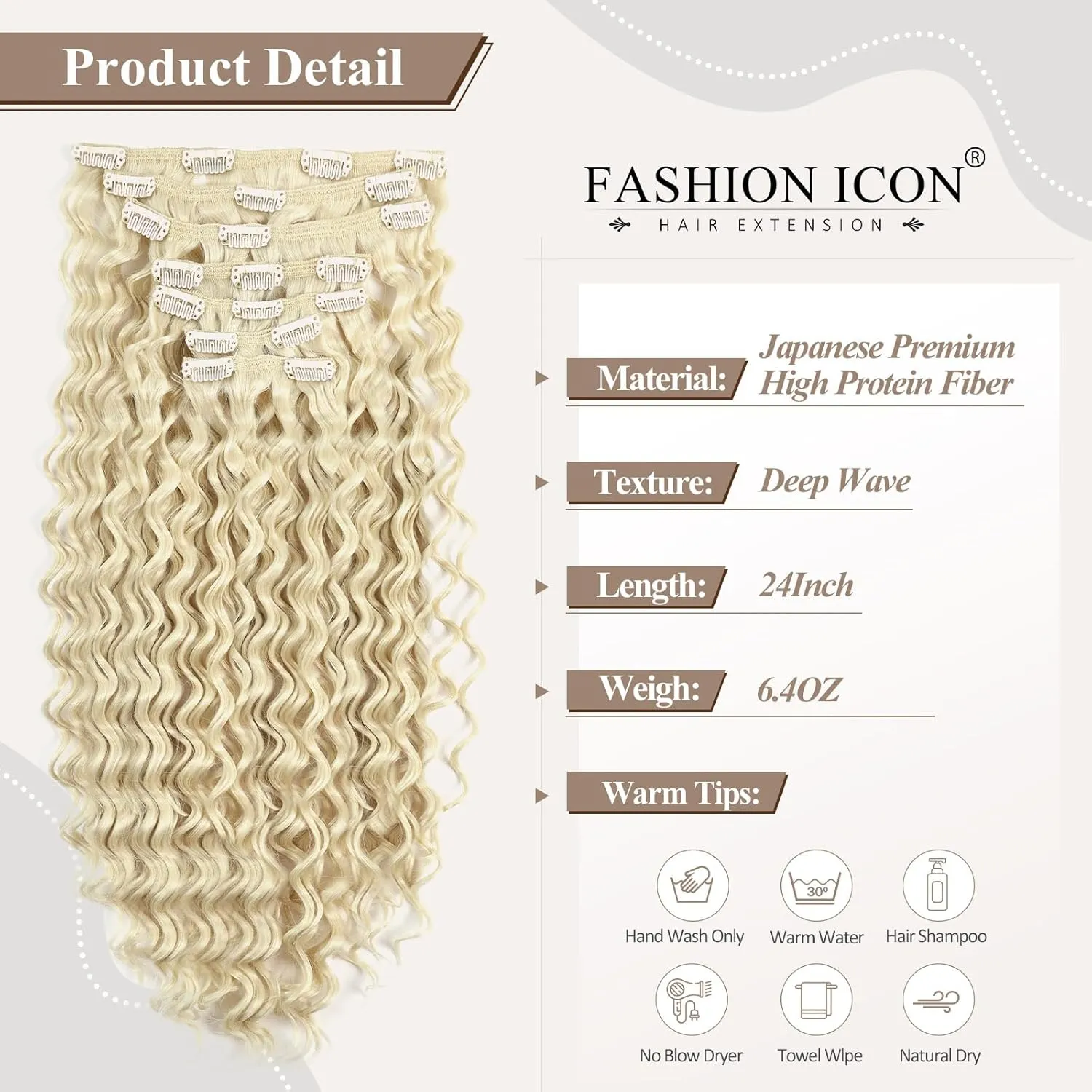 Clip in Hair Extensions Synthetic hair Clip in 140G 7Pcs/Lot Japanese Heat Resistant Fiber Hairpieces Deep Wave/Body Wave/Straight hair (Deep Wave, Bleach Blonde 613#)