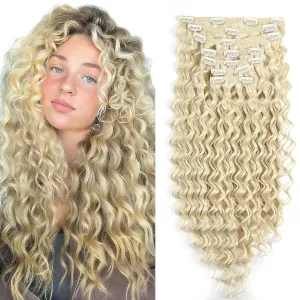 Clip in Hair Extensions Synthetic hair Clip in 140G 7Pcs/Lot Japanese Heat Resistant Fiber Hairpieces Deep Wave/Body Wave/Straight hair (Deep Wave, Bleach Blonde 613#)