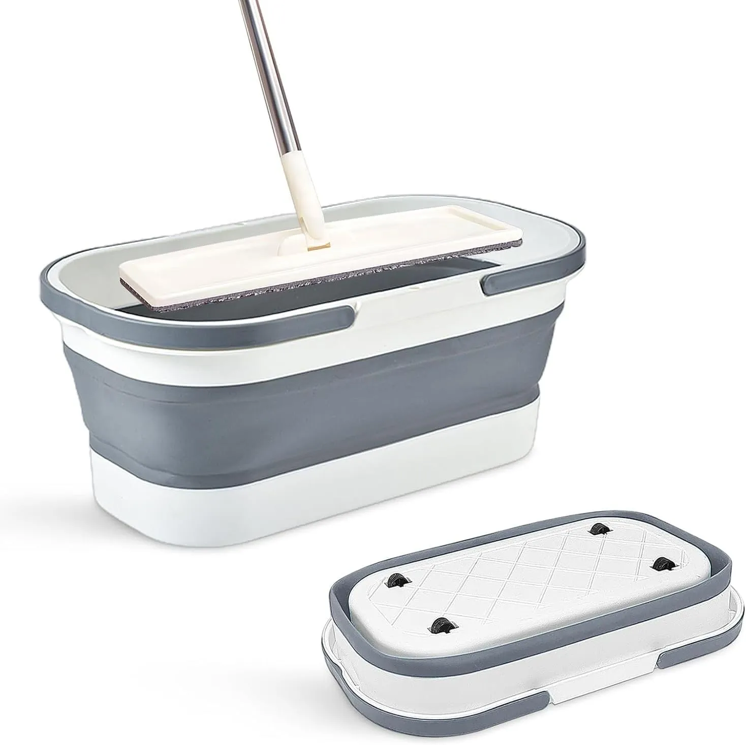 Collapsible Mop Bucket with Handle - 12L/3.17 Gallon Small Foldable Bucket with Wheels for House Cleaning/Car Washing/Camping Portable Rectangular Handy Basket Plastic Bucket for Cleaning Mop (Grey)