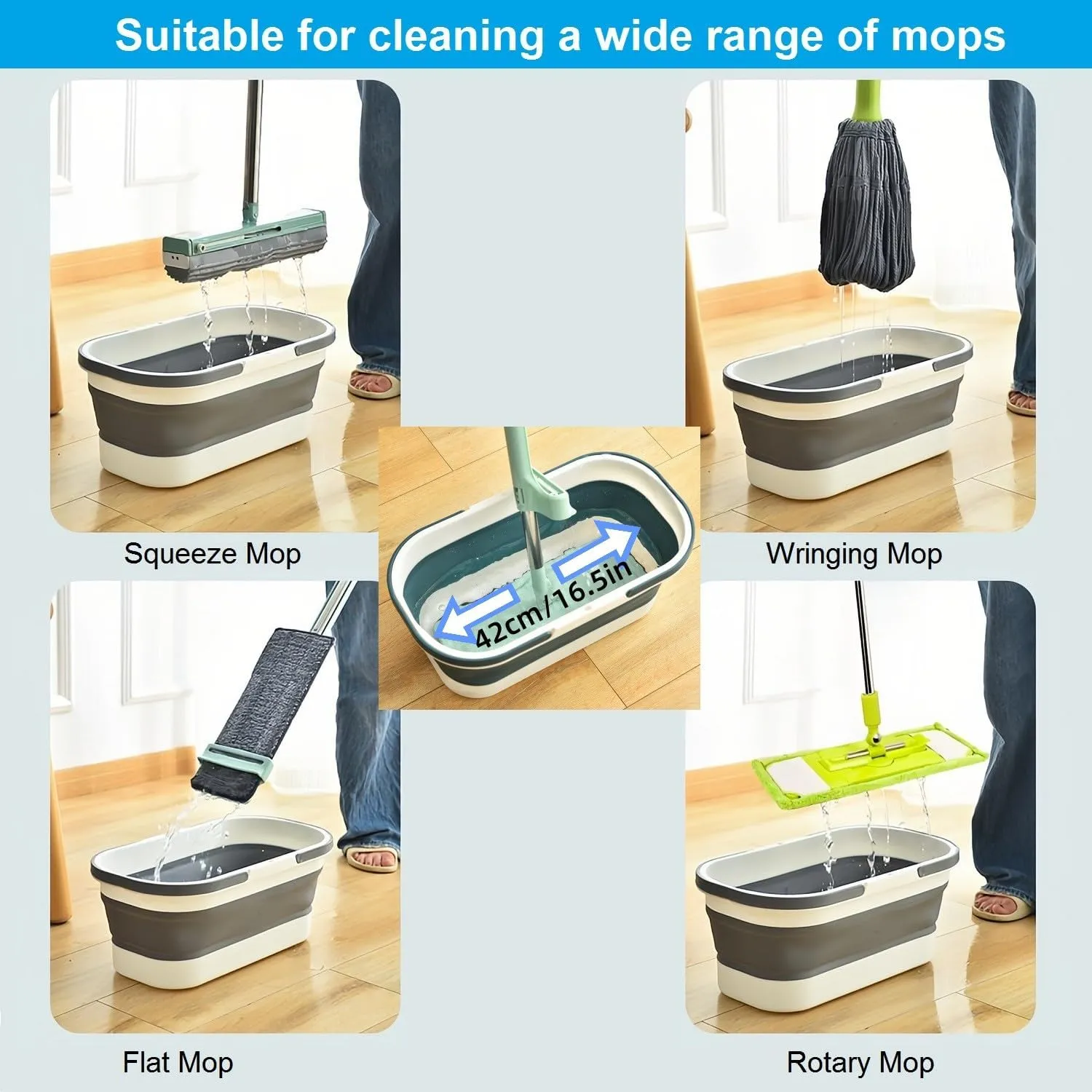 Collapsible Mop Bucket with Handle - 12L/3.17 Gallon Small Foldable Bucket with Wheels for House Cleaning/Car Washing/Camping Portable Rectangular Handy Basket Plastic Bucket for Cleaning Mop (Grey)