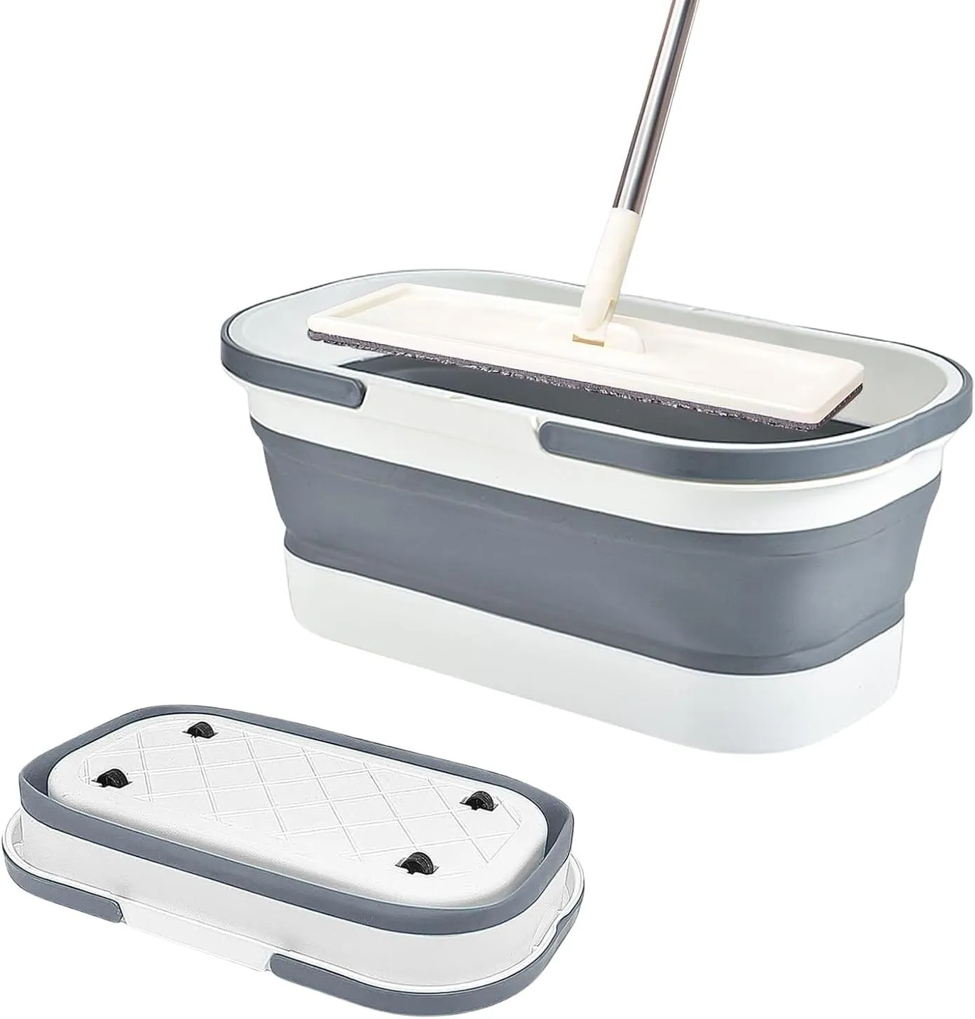 Collapsible Plastic Mop Bucket - 12L(3.17 Gallon) Window Washing Bucket with Wheels Foldable Mop Buckets Water Pail for House Car Cleaning Camping (Grey)