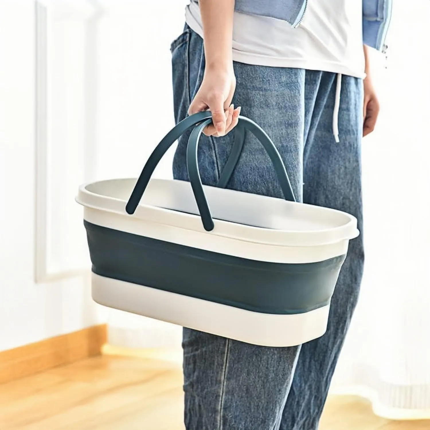 Collapsible Plastic Mop Bucket - 12L(3.17 Gallon) Window Washing Bucket with Wheels Foldable Mop Buckets Water Pail for House Car Cleaning Camping (Grey)