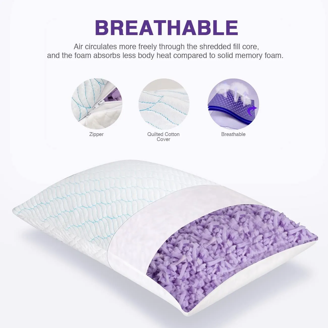 Cooling Pillows Queen Size Set of 2, Memory Foam Pillows with Zipper, Adjustable Firmness for Sleeping Cool Cold Pillow to Hot, Side, Back and Stomach Sleepers, 2 Pack, 20x30