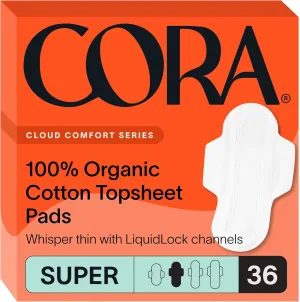 Cora 100% Organic Cotton Topsheet Ultra Thin Period Pads With Wings | Super Absorbency | Ultra-Absorbent Sanitary Pads for Women (36 Count)