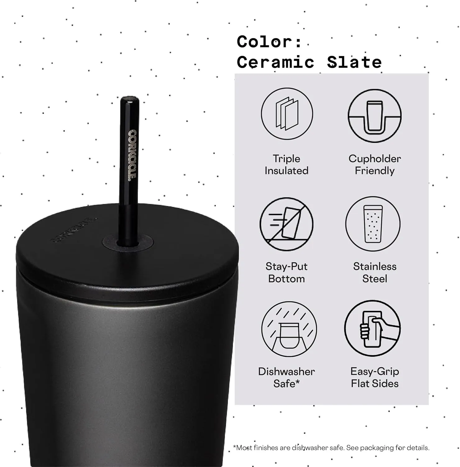 Corkcicle Cold Cup Insulated Tumbler with Lid and Straw, Ceramic Slate, 24 oz – Reusable Water Bottle Keeps Beverages Cold for 12hrs, Hot 5hrs – Cupholder Friendly Tumbler, Lid for Flexible Sipping