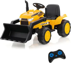 Coszton Ride on Excavator, 12V Kids Excavator Ride on Bulldozer with Remote Control & Adjustable Digger Bucket, LED Headlights, Music, Horn, USB, Electric Construction Ride on Toy for Kids 3-8, Yellow