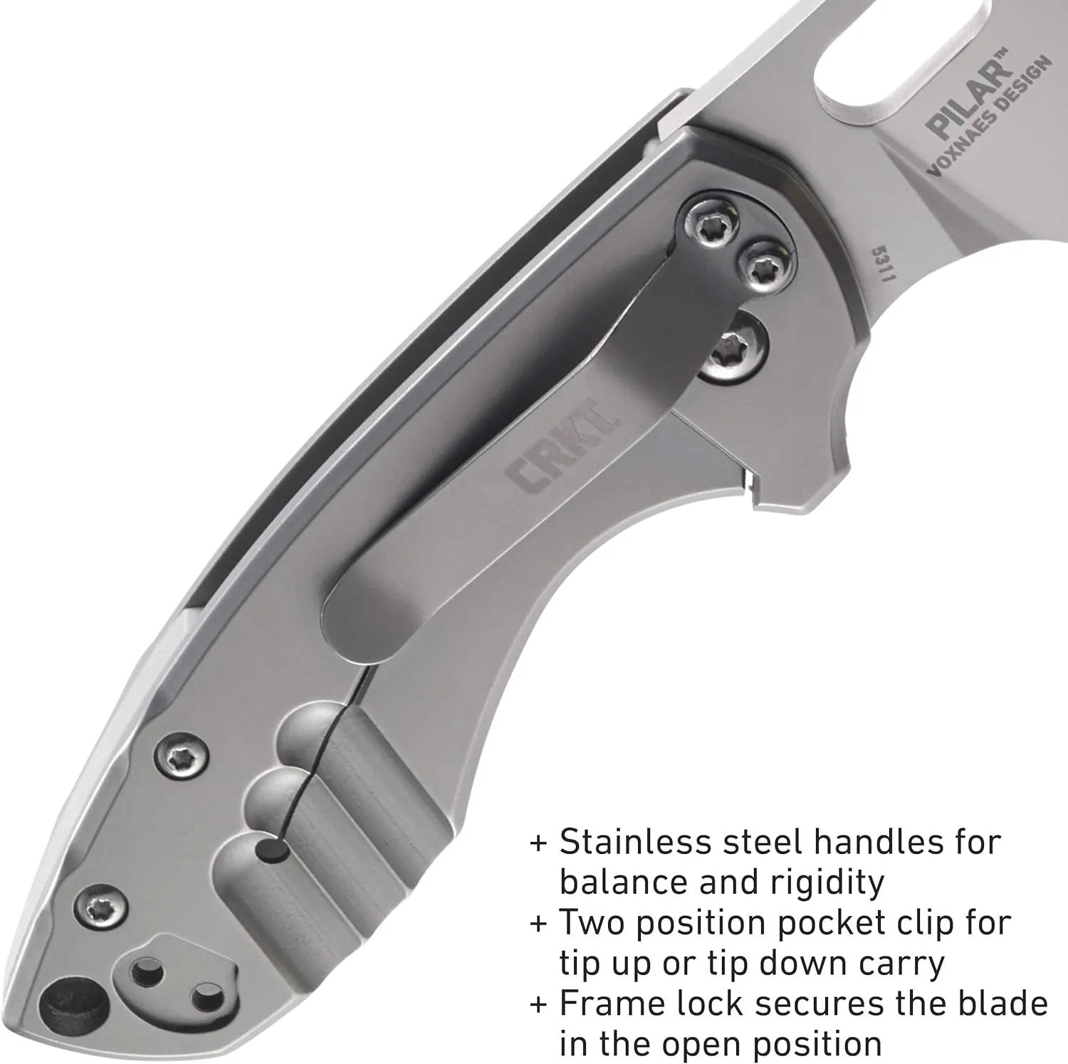 CRKT Pilar EDC Folding Pocket Knife: Compact Everyday Carry, Satin Blade with Finger Choil, Thumb Slot Open, Frame Lock Stainless Handle, Reversible Pocket Clip 5311