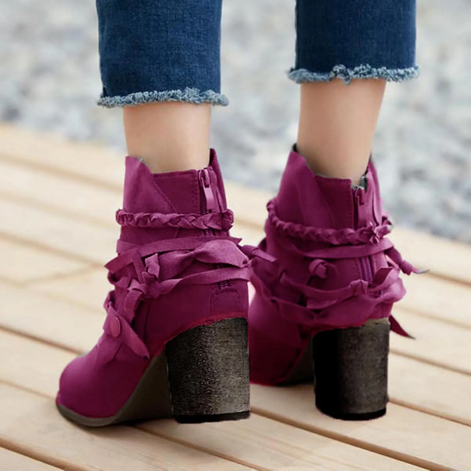 Ctreela Boho Booties Chunky Heel Shootie Retro Gypsy Ankle Boots Western Vintage Faux Suede Fringe Slip On Boot for Women