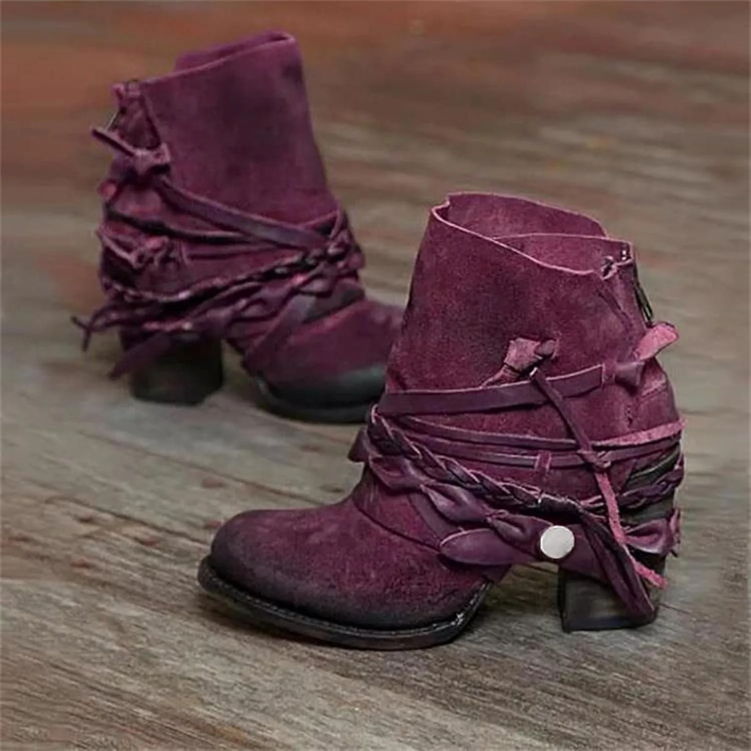 Ctreela Boho Booties Chunky Heel Shootie Retro Gypsy Ankle Boots Western Vintage Faux Suede Fringe Slip On Boot for Women