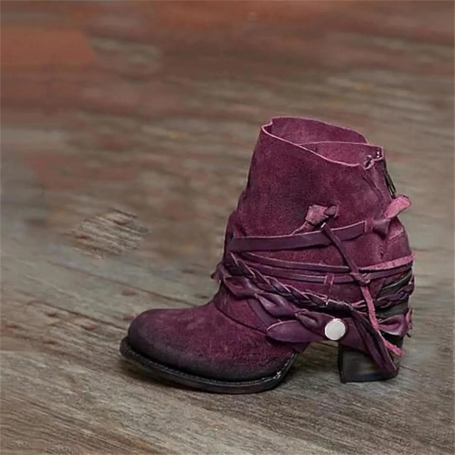 Ctreela Boho Booties Chunky Heel Shootie Retro Gypsy Ankle Boots Western Vintage Faux Suede Fringe Slip On Boot for Women