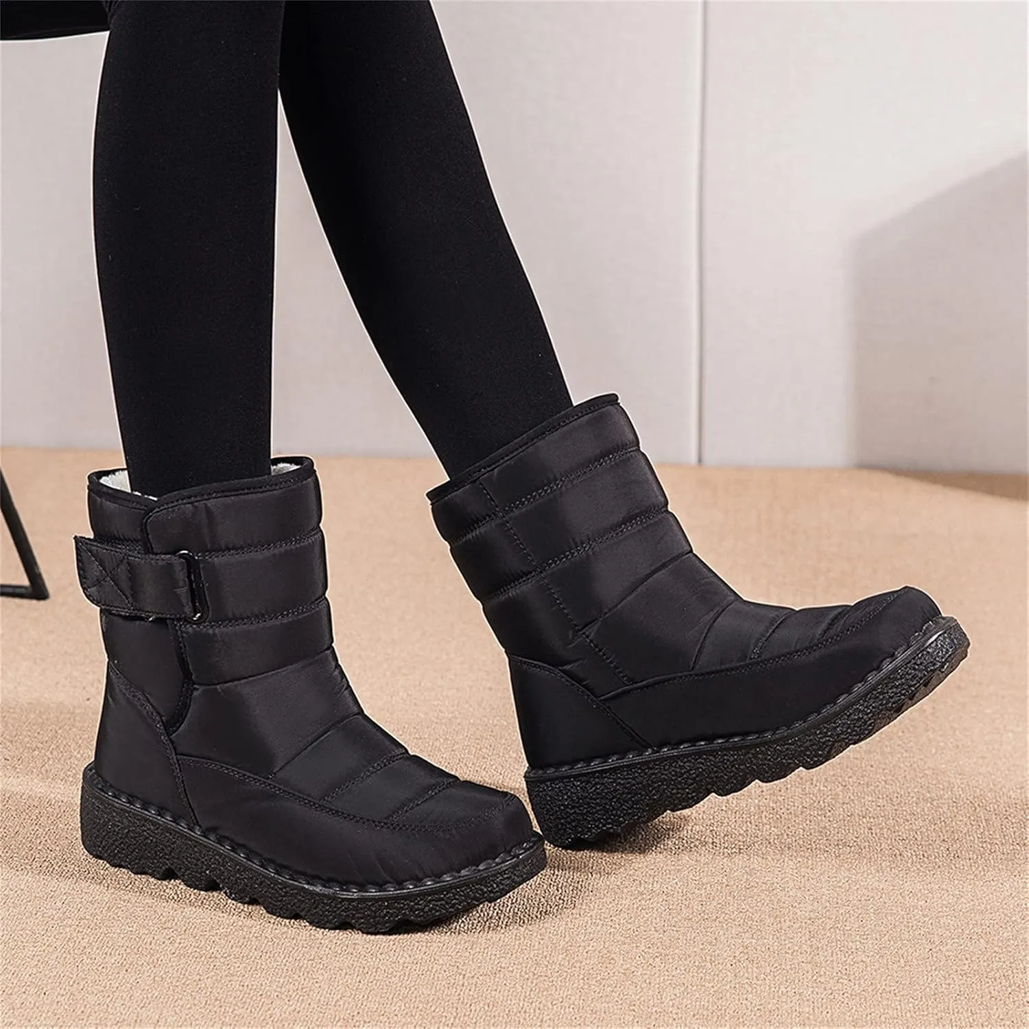 Ctreela Mid-Calf Snow Booties for Women Winter Comfort Fur Lined Waterproof Wedge Boots Non-Slip Thermal Warm Windbreak Boot