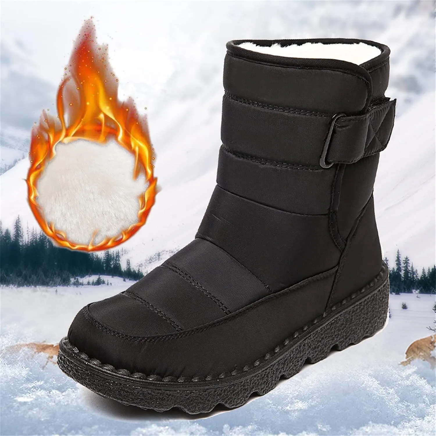 Ctreela Mid-Calf Snow Booties for Women Winter Comfort Fur Lined Waterproof Wedge Boots Non-Slip Thermal Warm Windbreak Boot