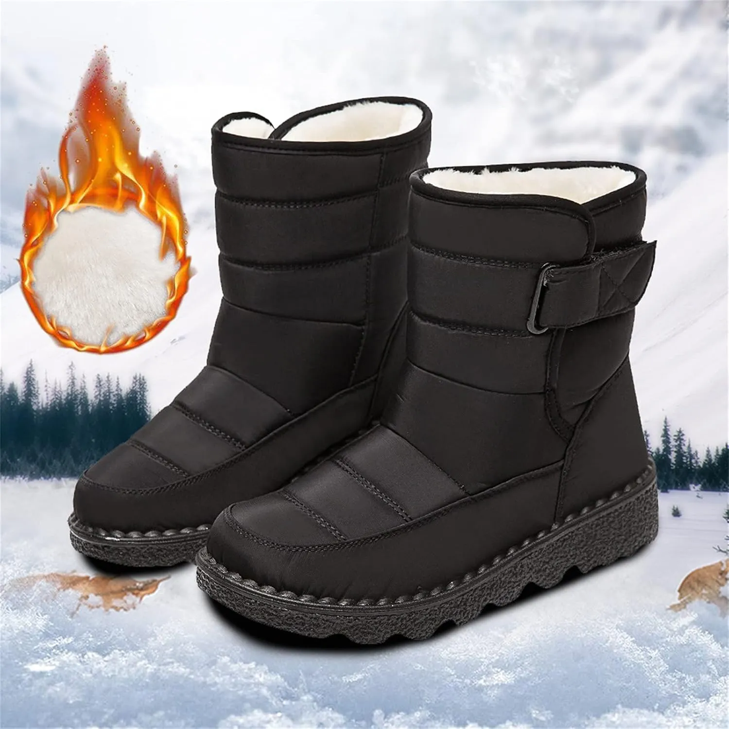 Ctreela Mid-Calf Snow Booties for Women Winter Comfort Fur Lined Waterproof Wedge Boots Non-Slip Thermal Warm Windbreak Boot