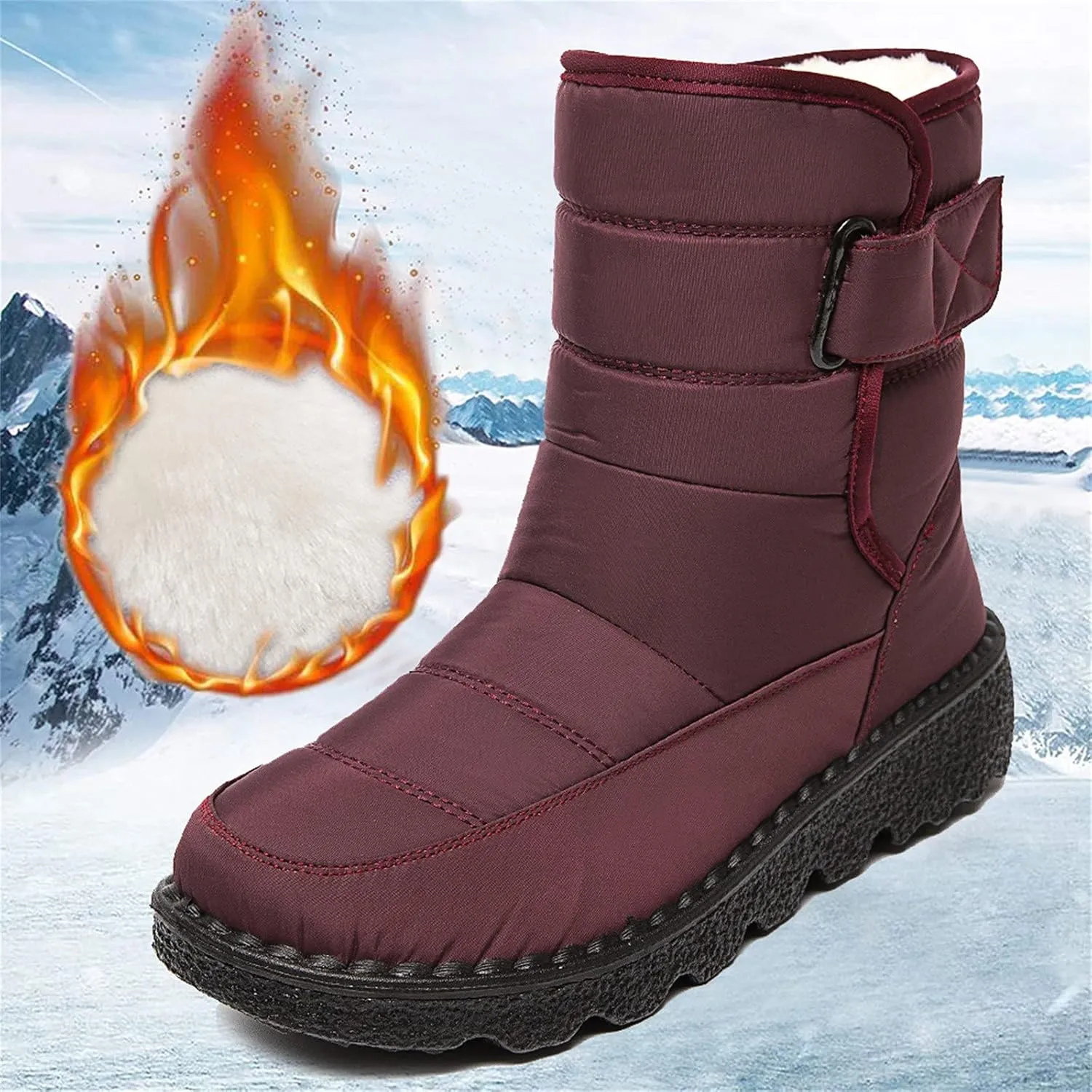 Ctreela Mid-Calf Snow Booties for Women Winter Comfort Fur Lined Waterproof Wedge Boots Non-Slip Thermal Warm Windbreak Boot