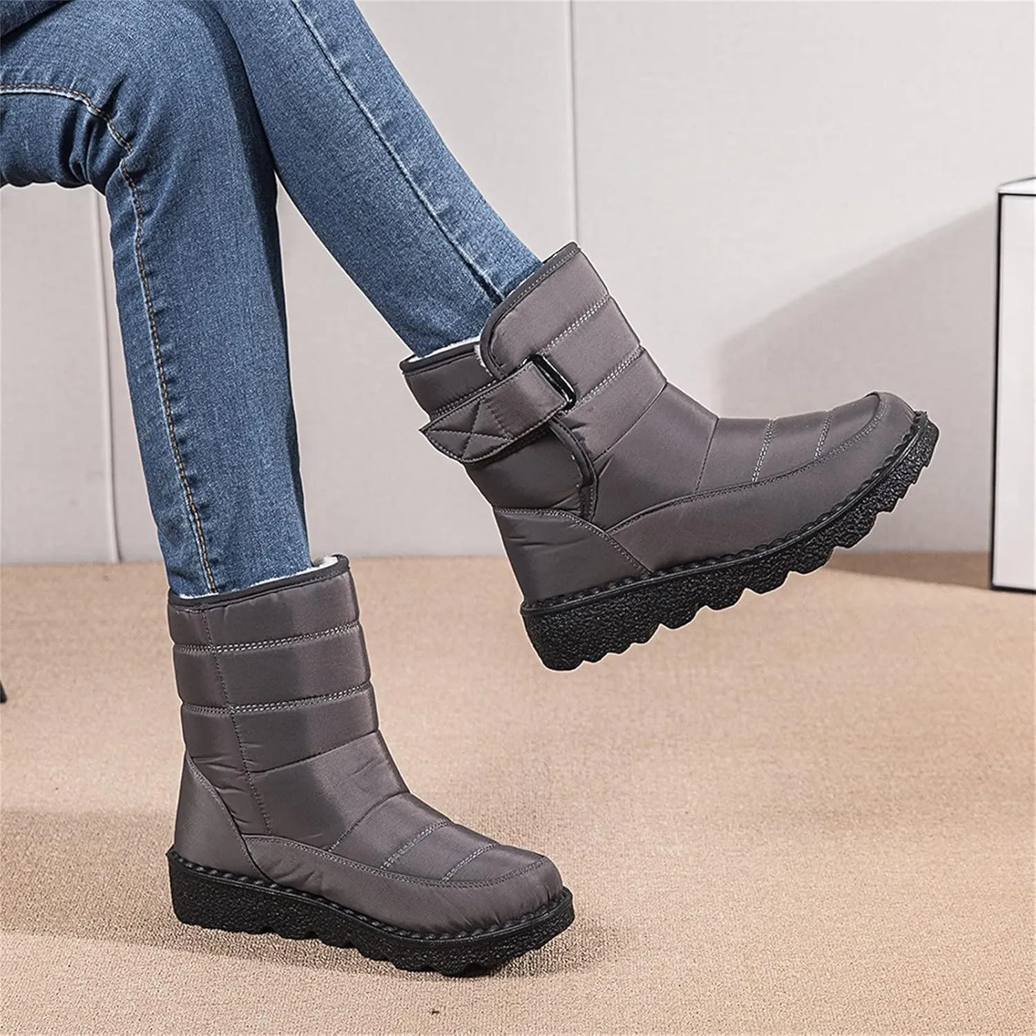 Ctreela Mid-Calf Snow Booties for Women Winter Comfort Fur Lined Waterproof Wedge Boots Non-Slip Thermal Warm Windbreak Boot