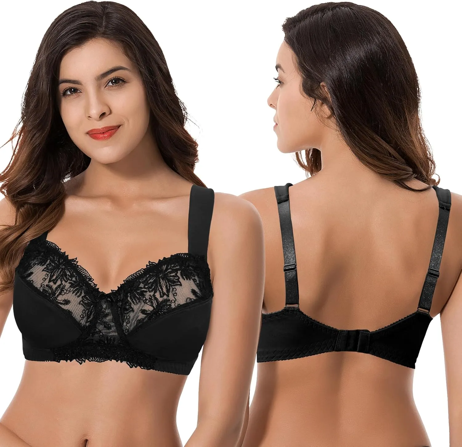 Curve Muse Plus Size Minimizer Unlined Wireless Bra with Lace Embroidery-3Pack