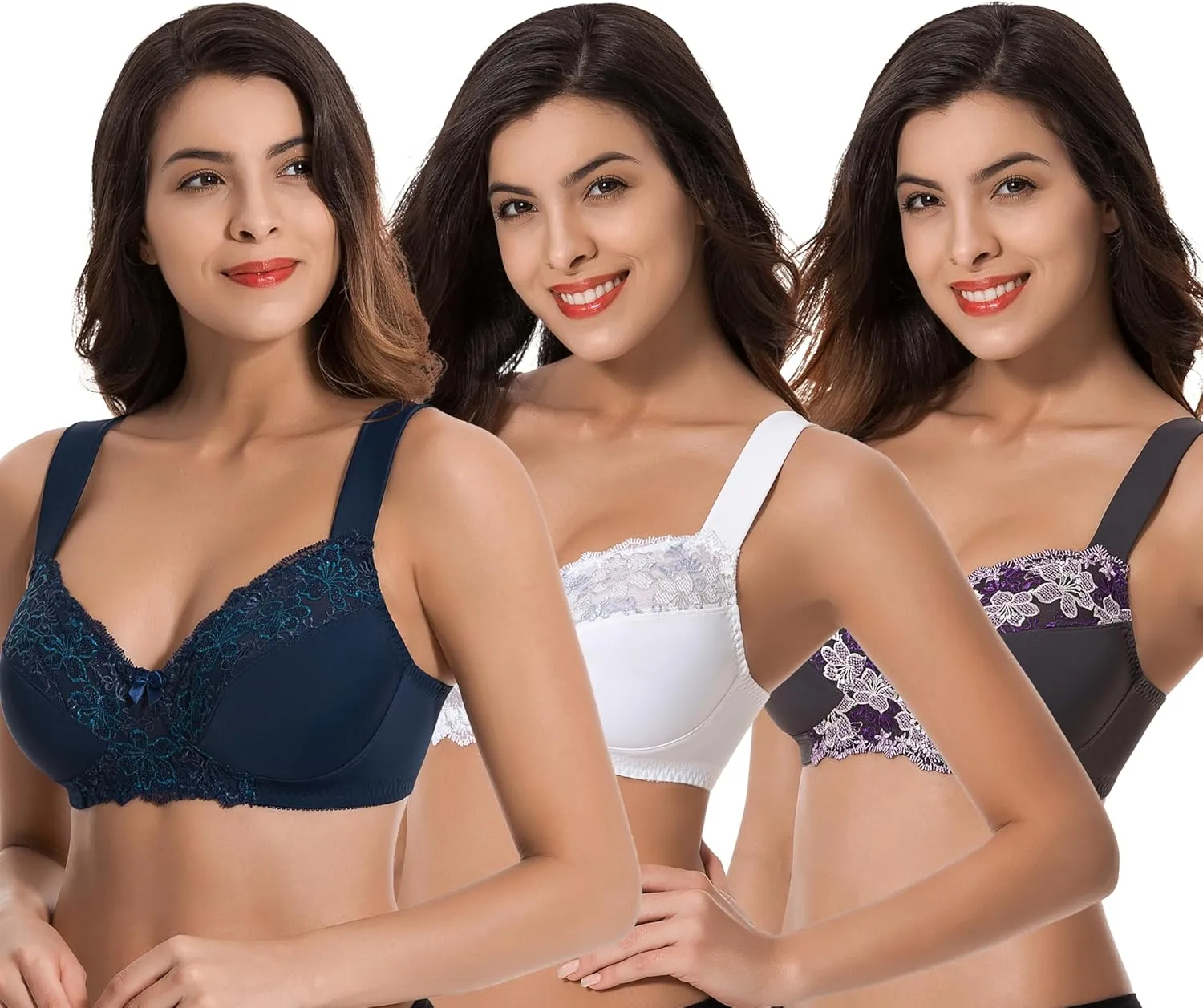 Curve Muse Plus Size Minimizer Unlined Wireless Bra with Lace Embroidery-3Pack