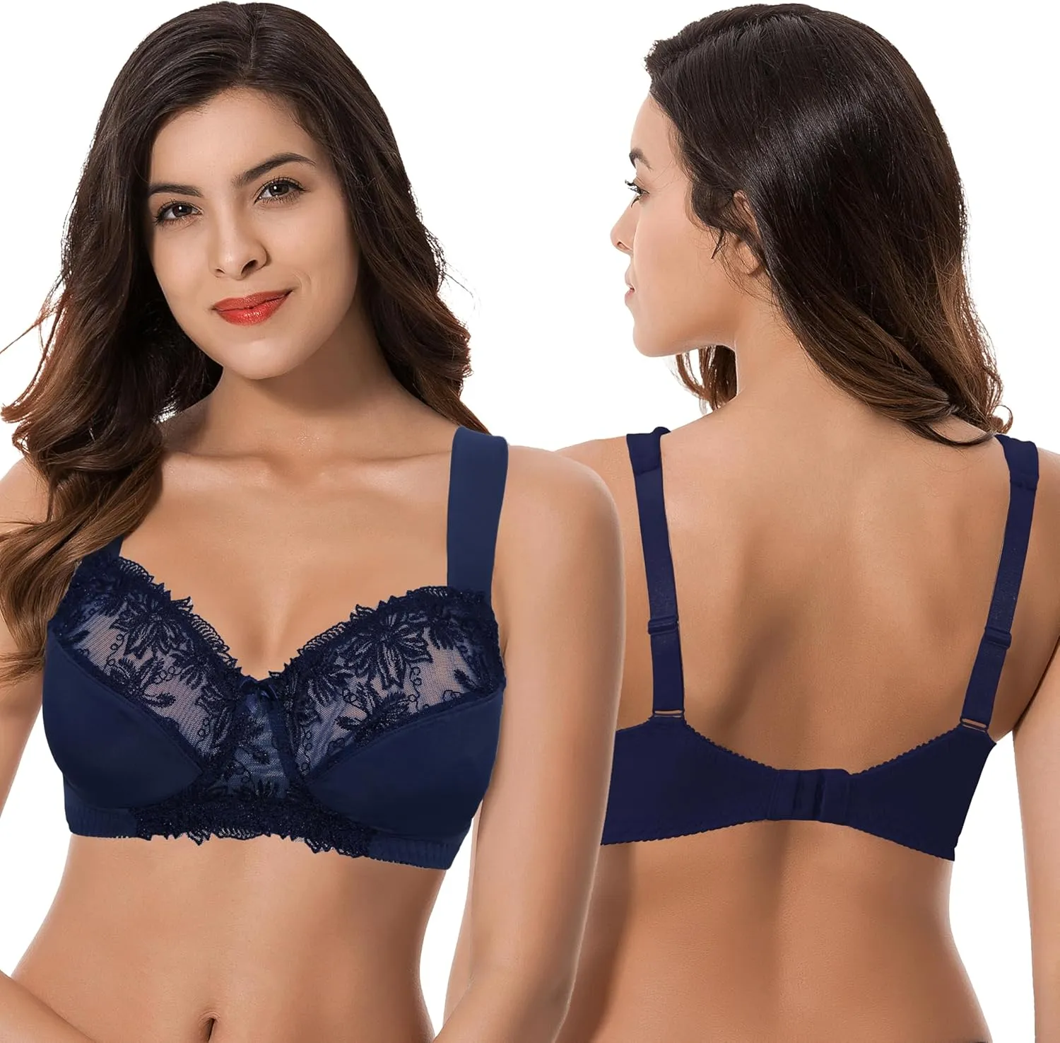 Curve Muse Plus Size Minimizer Unlined Wireless Bra with Lace Embroidery-3Pack
