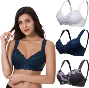 Curve Muse Plus Size Minimizer Unlined Wireless Bra with Lace Embroidery-3Pack