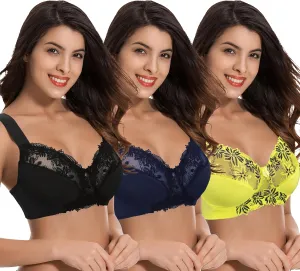 Curve Muse Plus Size Minimizer Unlined Wireless Bra with Lace Embroidery-3Pack