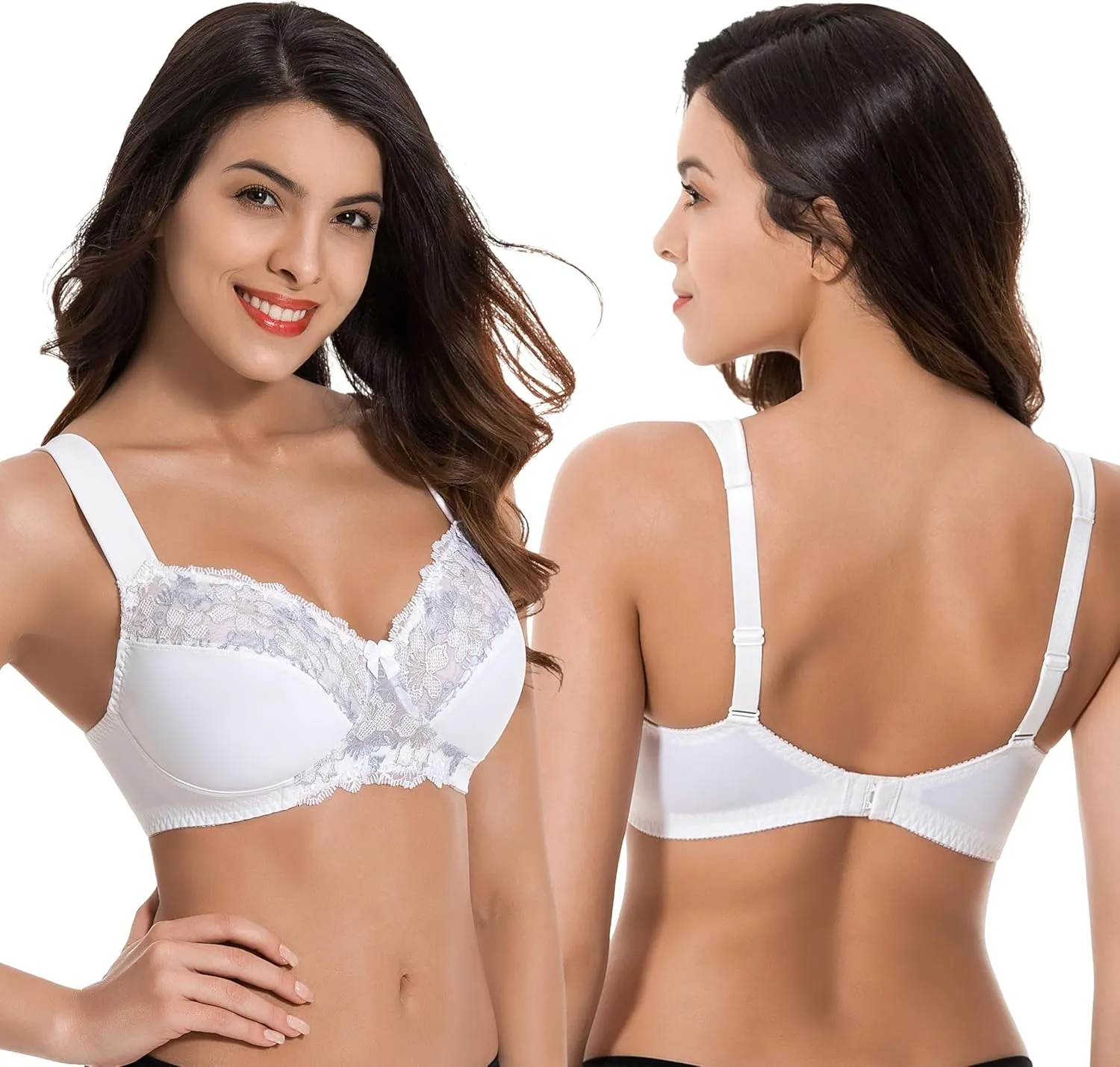 Curve Muse Plus Size Minimizer Unlined Wireless Bra with Lace Embroidery-3Pack
