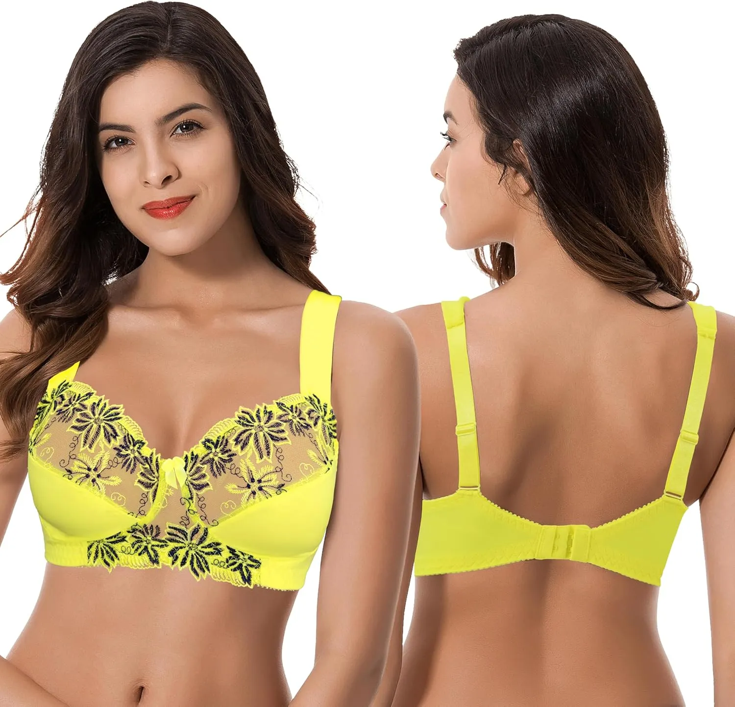 Curve Muse Plus Size Minimizer Unlined Wireless Bra with Lace Embroidery-3Pack