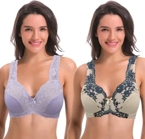 Curve Muse Women's Minimizer Unlined Underwire Bra with Lace Embroidery-2 Pack