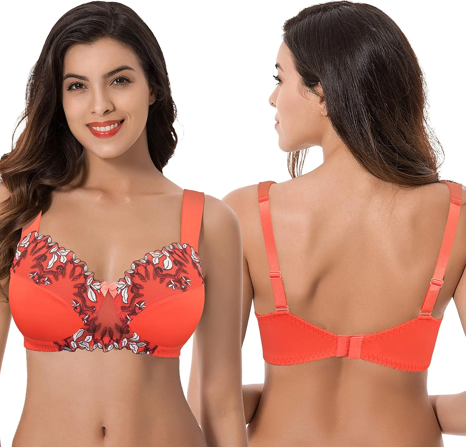 Curve Muse Women's Plus Size Minimizer Wireless Unlined Bra with Embroidery Lace