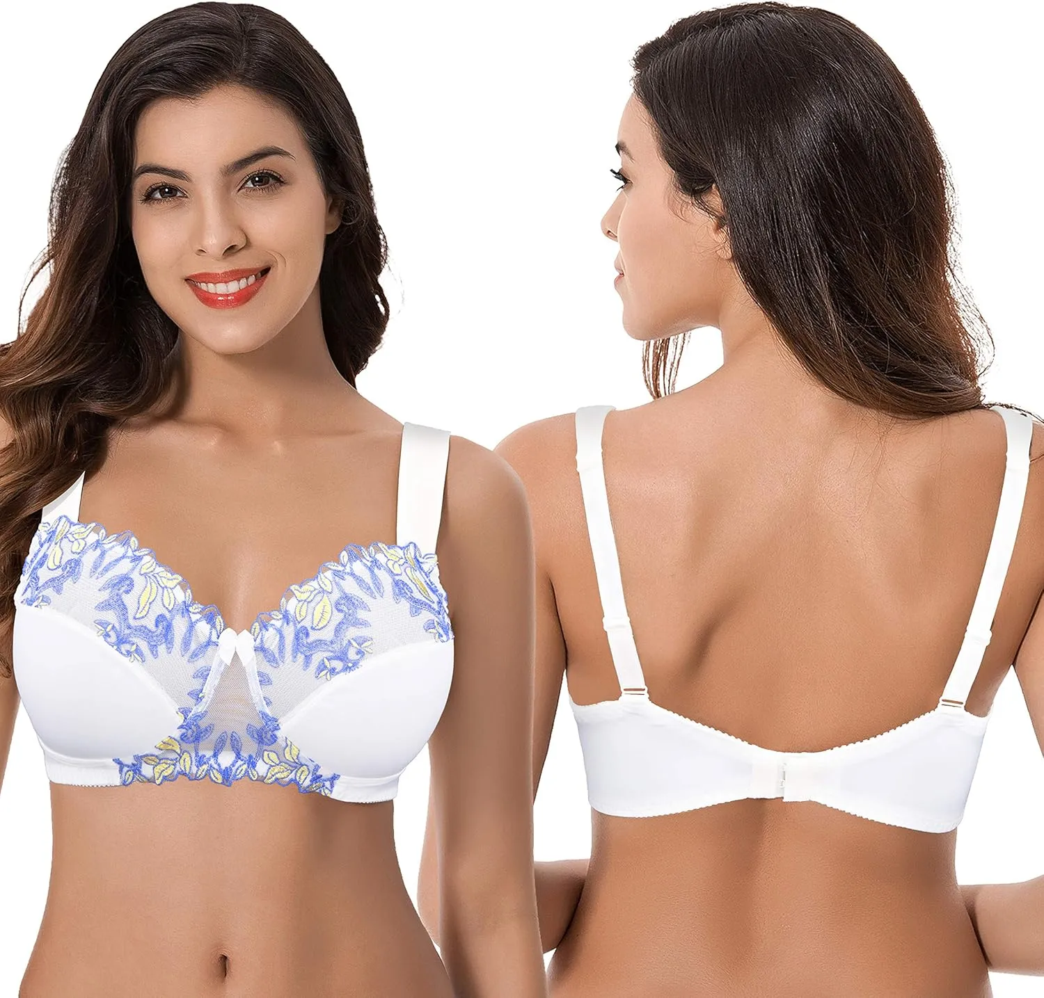 Curve Muse Women's Plus Size Minimizer Wireless Unlined Bra with Embroidery Lace