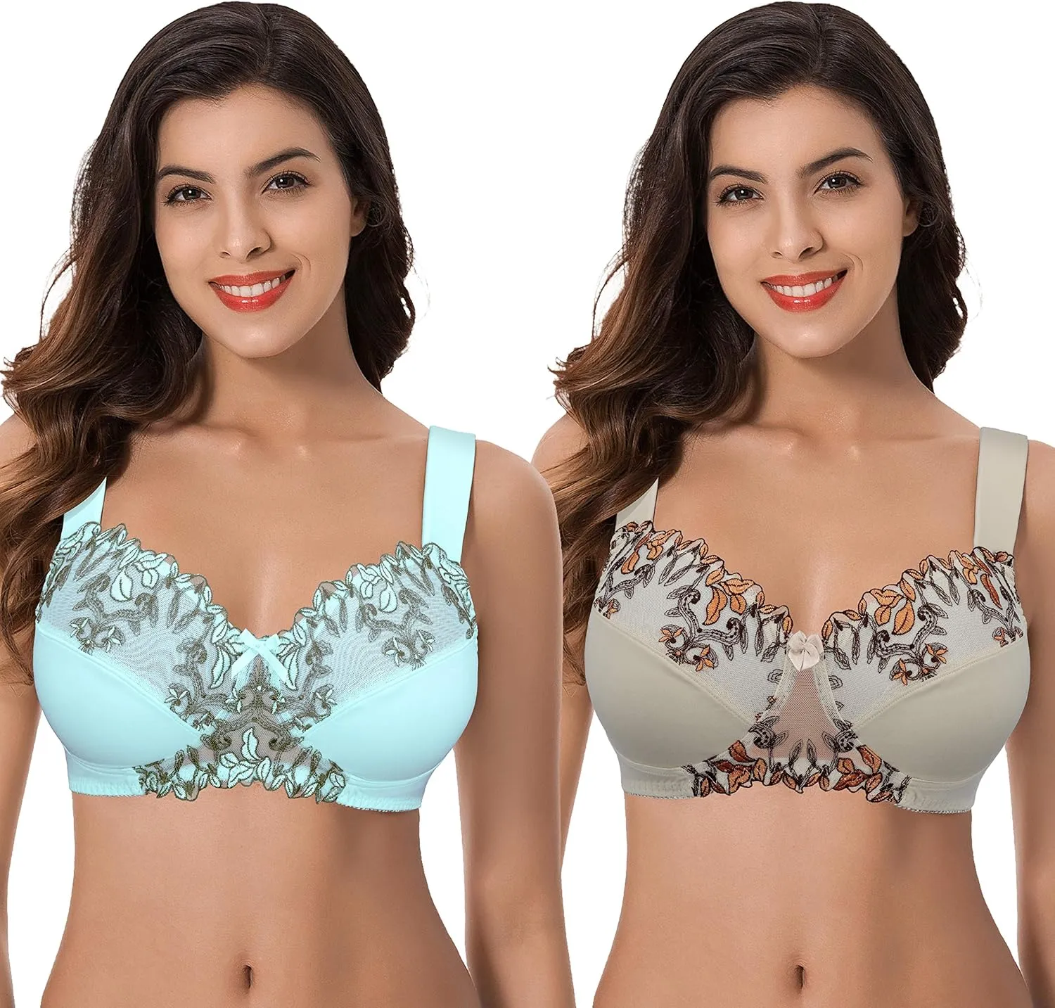 Curve Muse Women's Plus Size Minimizer Wireless Unlined Bra with Embroidery Lace