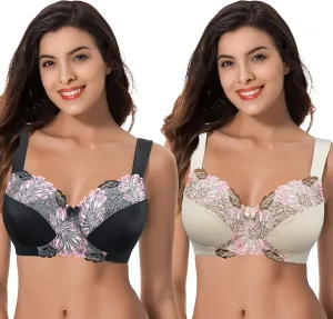 Curve Muse Women's Plus Size Minimizer Wireless Unlined Bra with Embroidery Lace