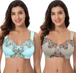 Curve Muse Women's Plus Size Minimizer Wireless Unlined Bra with Embroidery Lace